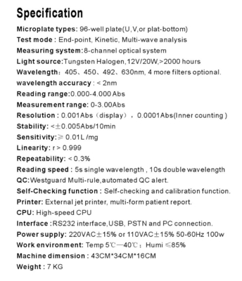 آزمایشگاه 96 Well Elisa Reader ماشین آنالایزر شیمی بالینی با چاپگر SK202